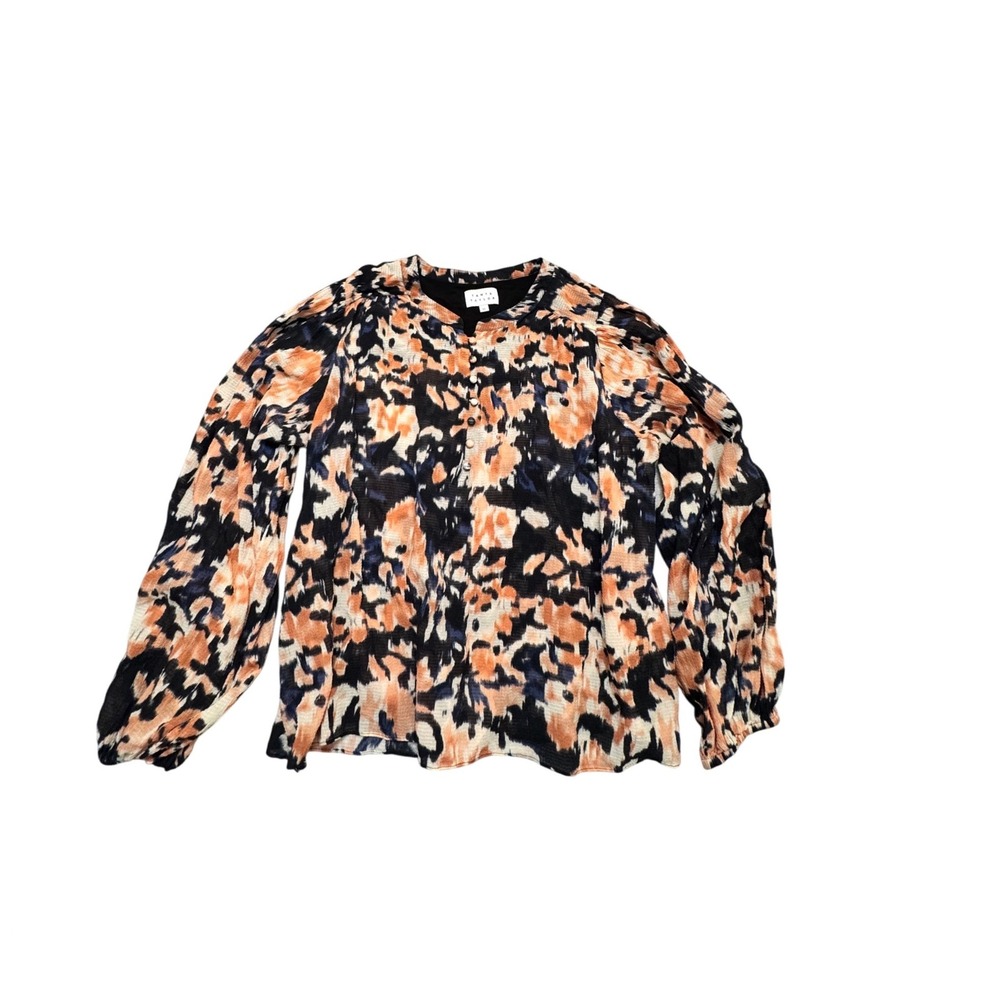 Tanya Taylor Silk Cotton Abstract Floral Print Blouse XL Peach Black Long Sleeve